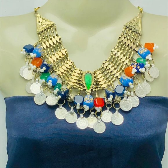 Statement Coins Choker Necklace With Multicolor Glass Stones and Beads, Collar - Picture 9 of 9